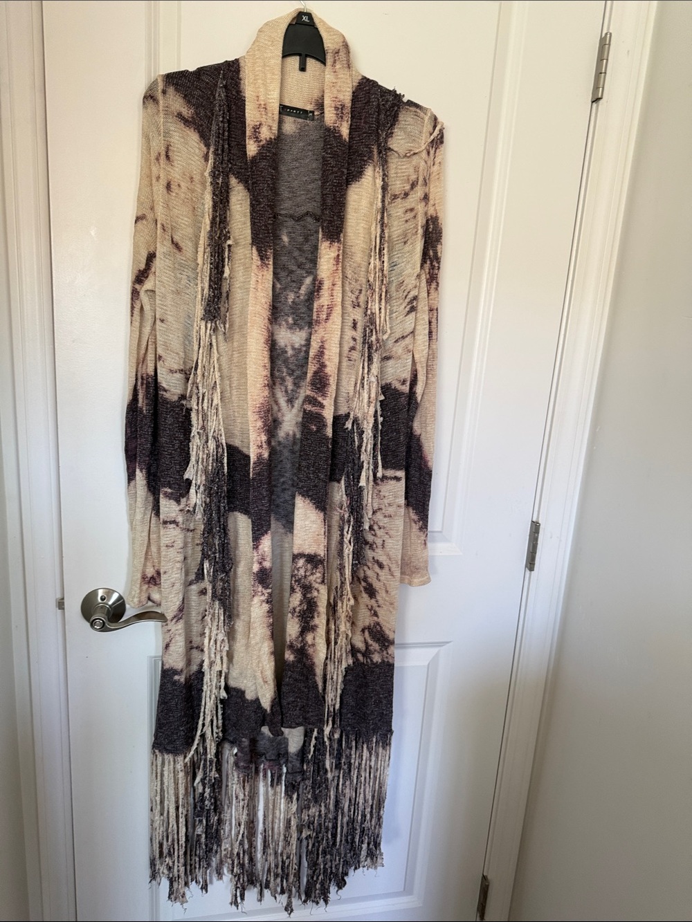 Fringed Open-Front Long Cardigan in Cream and Brown